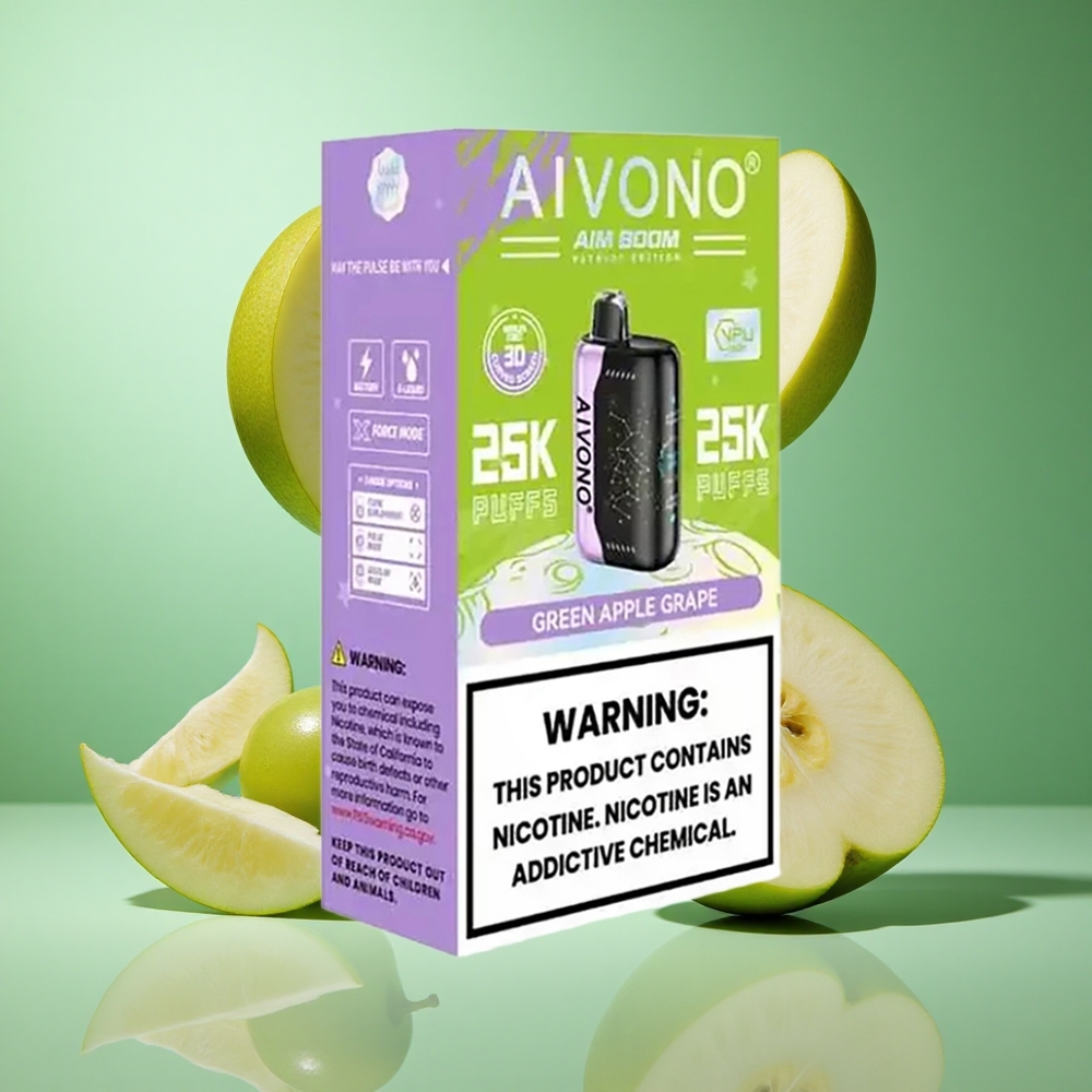Aivono AIM BOOM 25000 Puffs Green Apple Grape UK Wholesale Vapes 28ml E-Liquid Type-C Charging