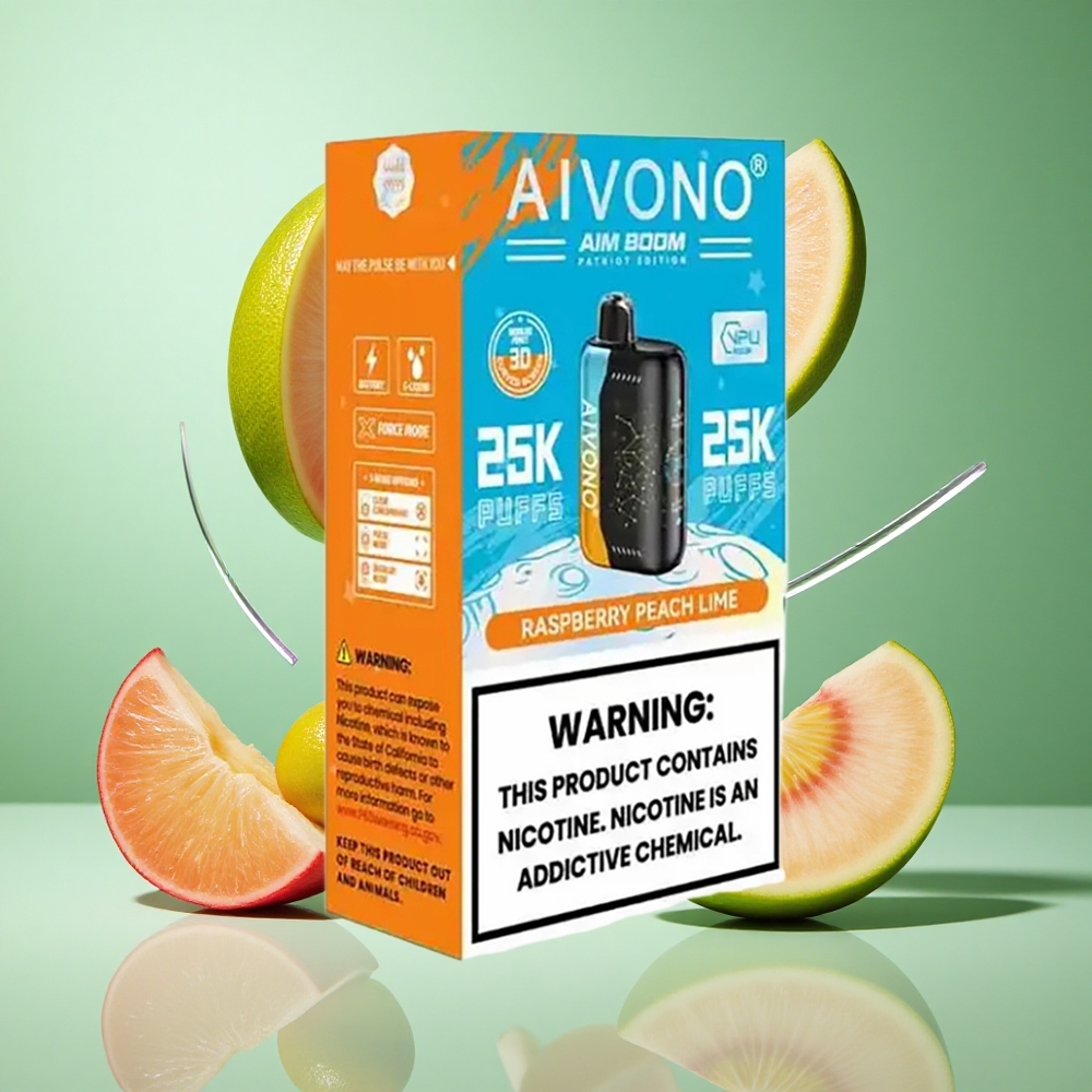 Aivono AIM BOOM 25000 Puffs Raspberry Peach Lime UK Wholesale Vapes 28ml E-Liquid Capacity