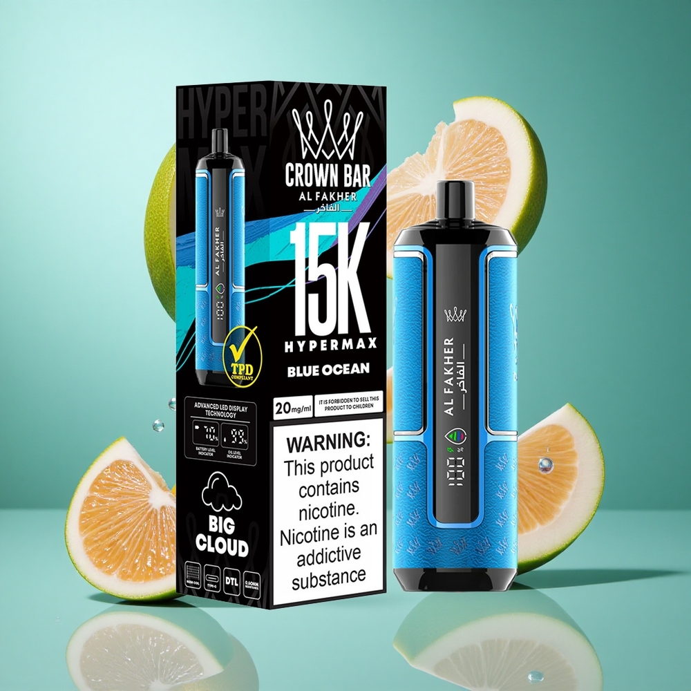Al Fakher Crown Bar 15K Hypermax Disposable Vape Blue Ocean UK Wholesale Vapes 22ml 15K Puffs