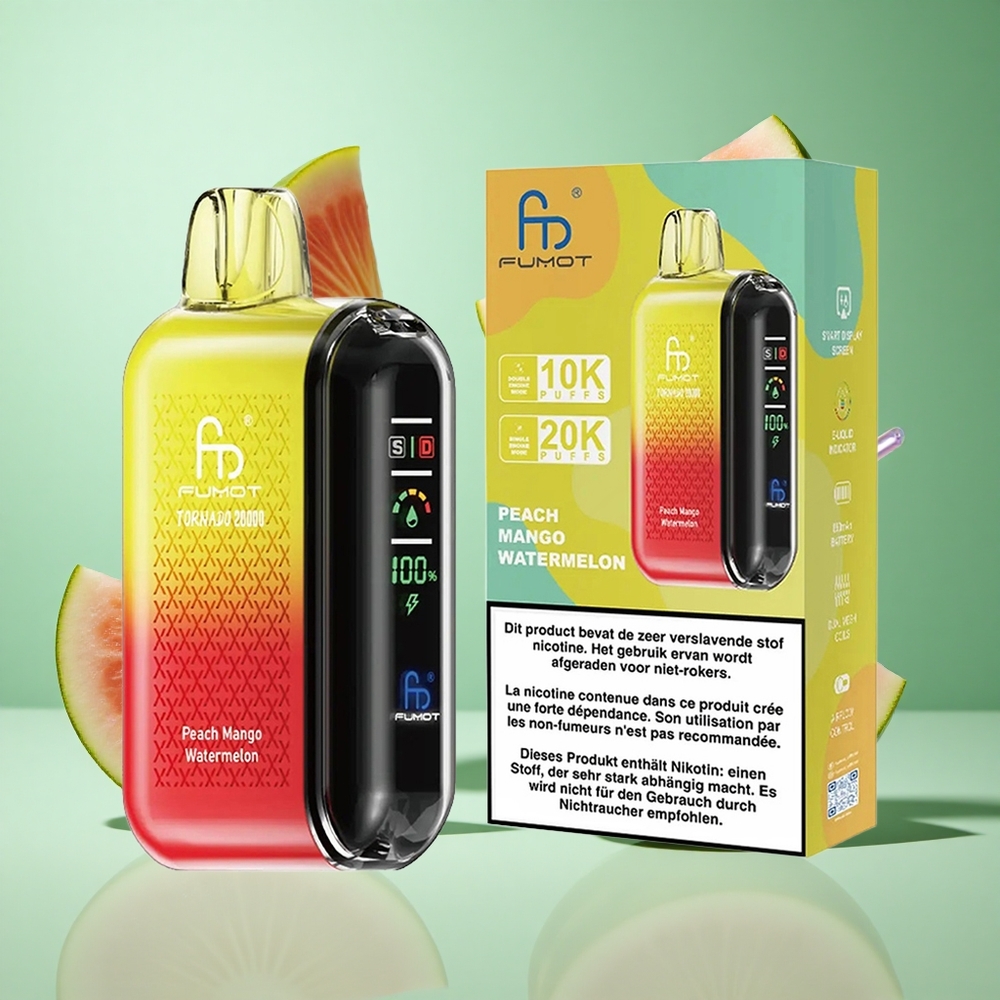 Fumot Tornado 20000 Puffs Peach Mango Watermelon UK Wholesale Vapes Dual Mesh Coil