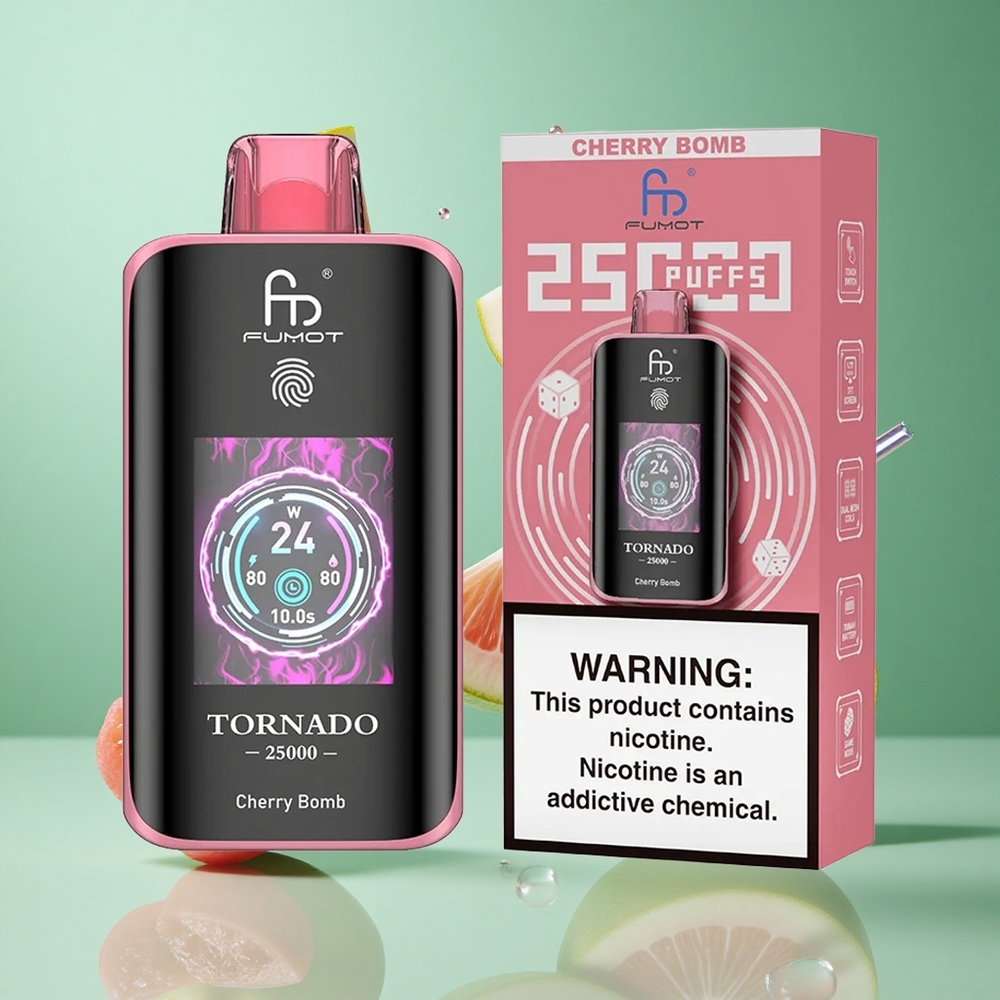 Fumot Tornado 25000 Puffs Cherry Bomb UK wholesale vapes HD Screen Type-C Charging
