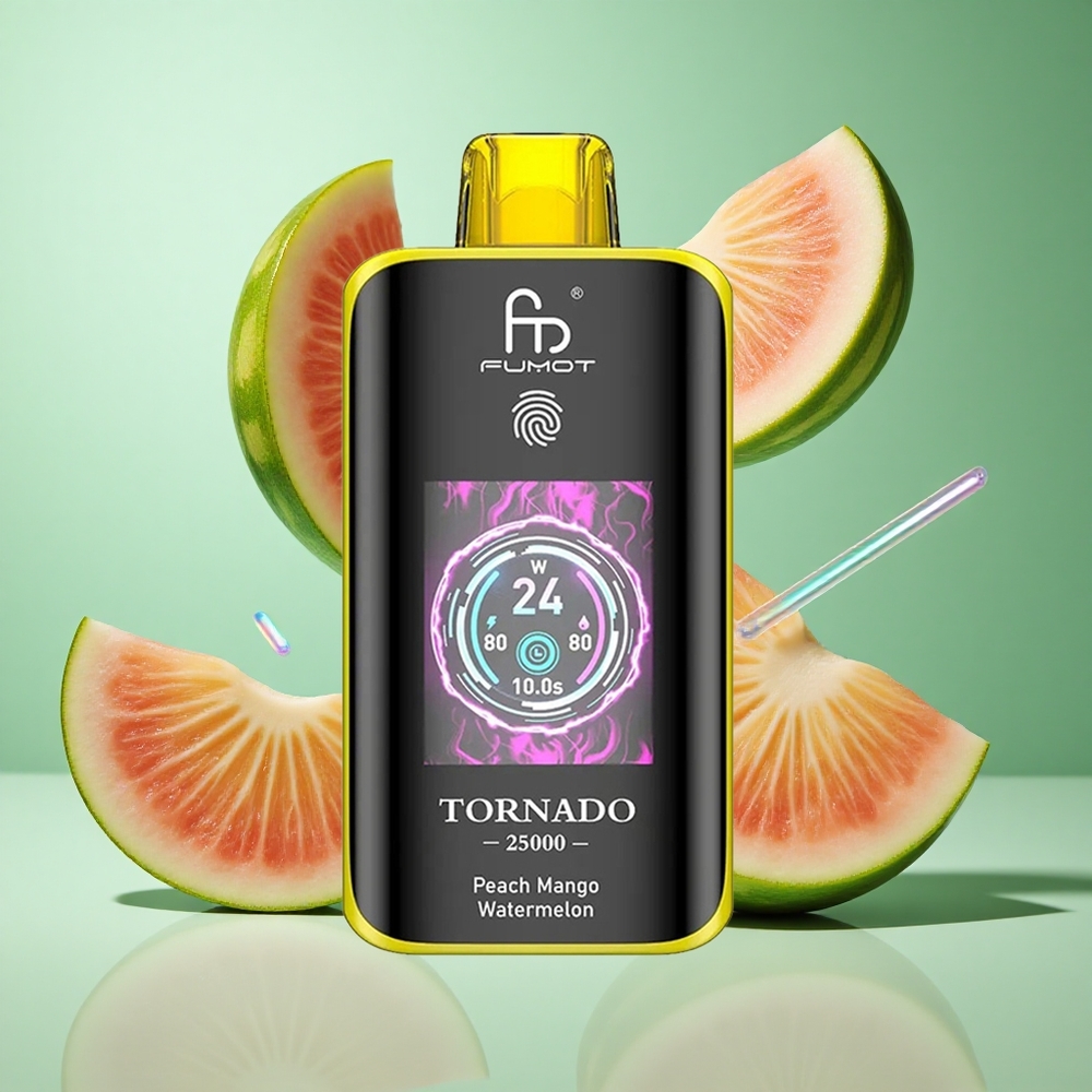 Fumot Tornado 25000 Puffs Peach Mango Watermelon UK wholesale vapes HD Screen Type-C Charging