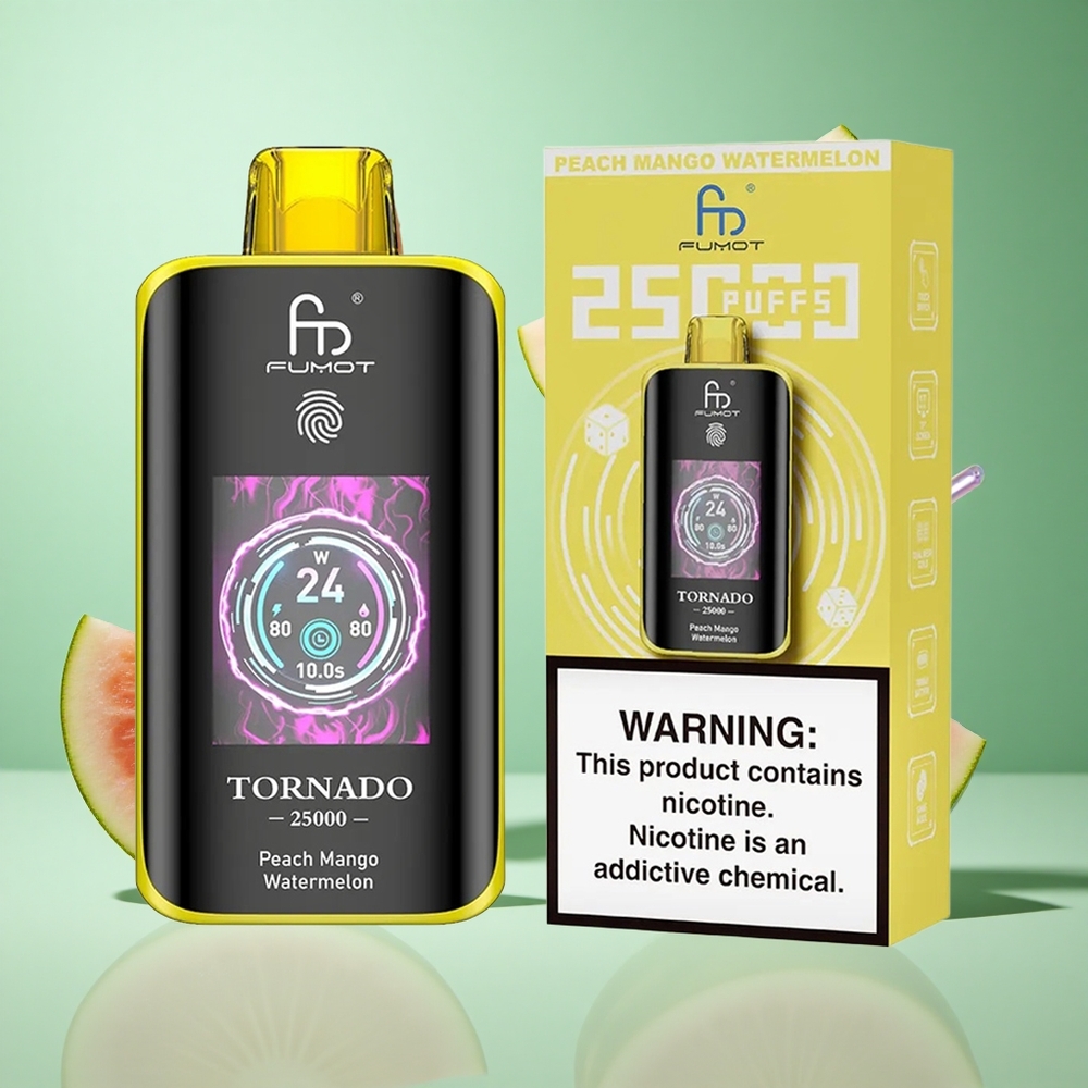 Fumot Tornado 25000 Puffs Peach Mango Watermelon UK wholesale vapes HD Screen Type-C Charging