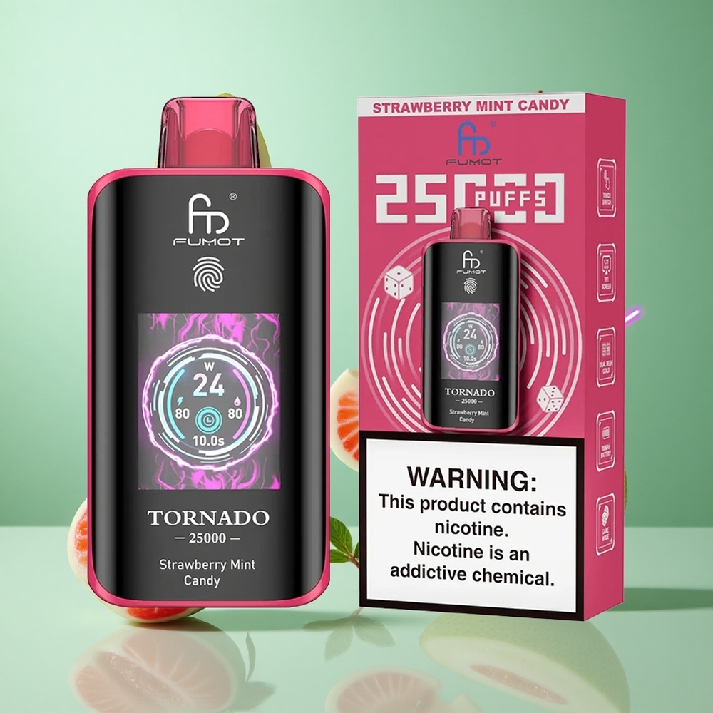Fumot Tornado 25000 Puffs Strawberry Mint Candy UK wholesale vapes HD Screen Type-C