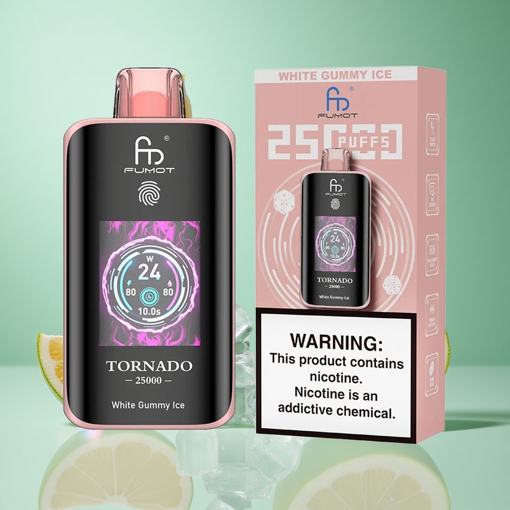 Fumot Tornado 25000 Puffs White Gummy Ice UK Wholesale Vapes HD Screen Type-C Charging