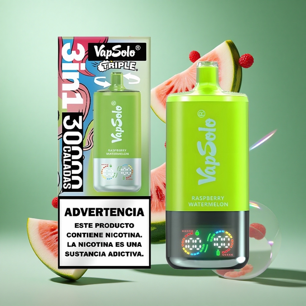VapSolo Triple 30000 Puffs Raspberry Watermelon UK wholesale vapes with 40ml E-Liquid & Type-C