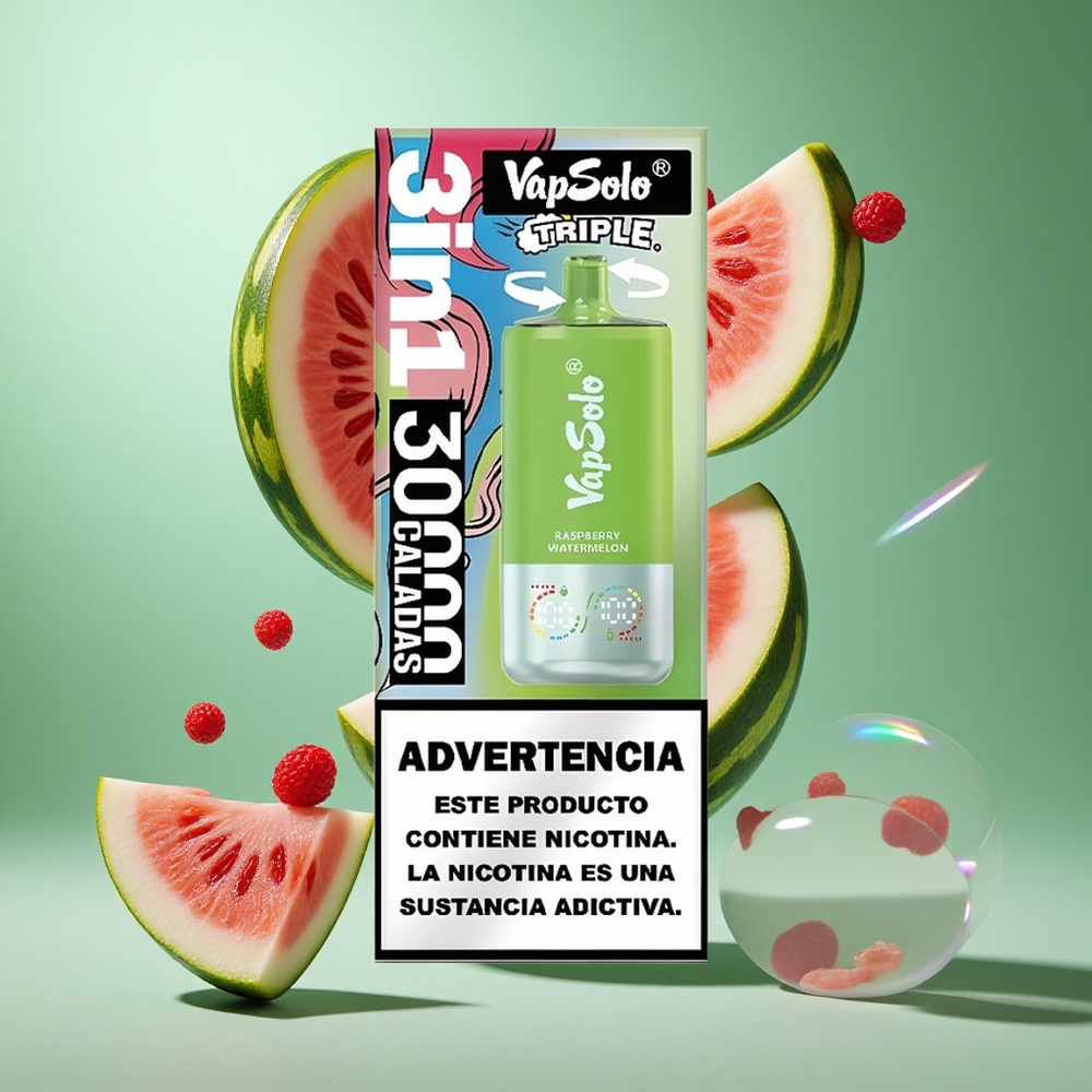 VapSolo Triple 30000 Puffs Raspberry Watermelon UK wholesale vapes with 40ml E-Liquid & Type-C