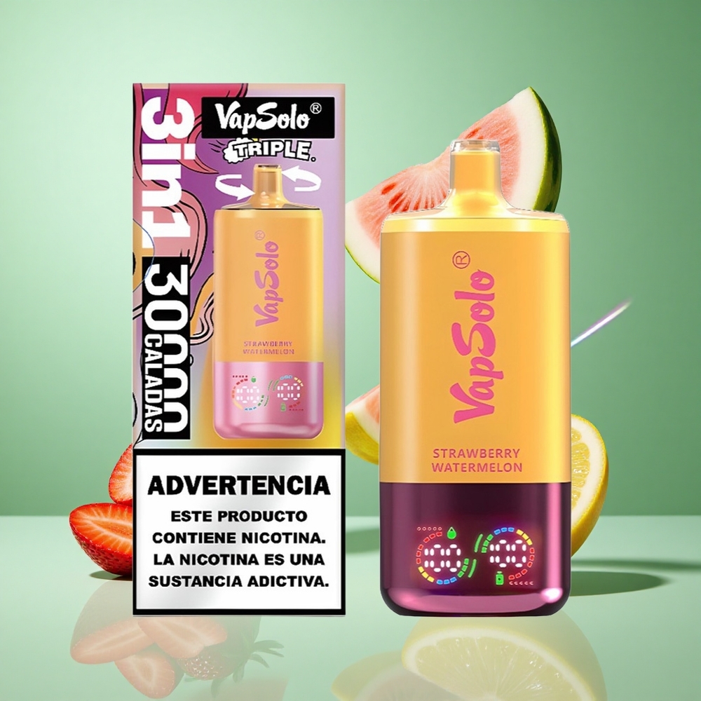 VapSolo Triple 30000 Puffs Strawberry Watermelon & Lemon Peach UK Wholesale Vapes Type-C Charging