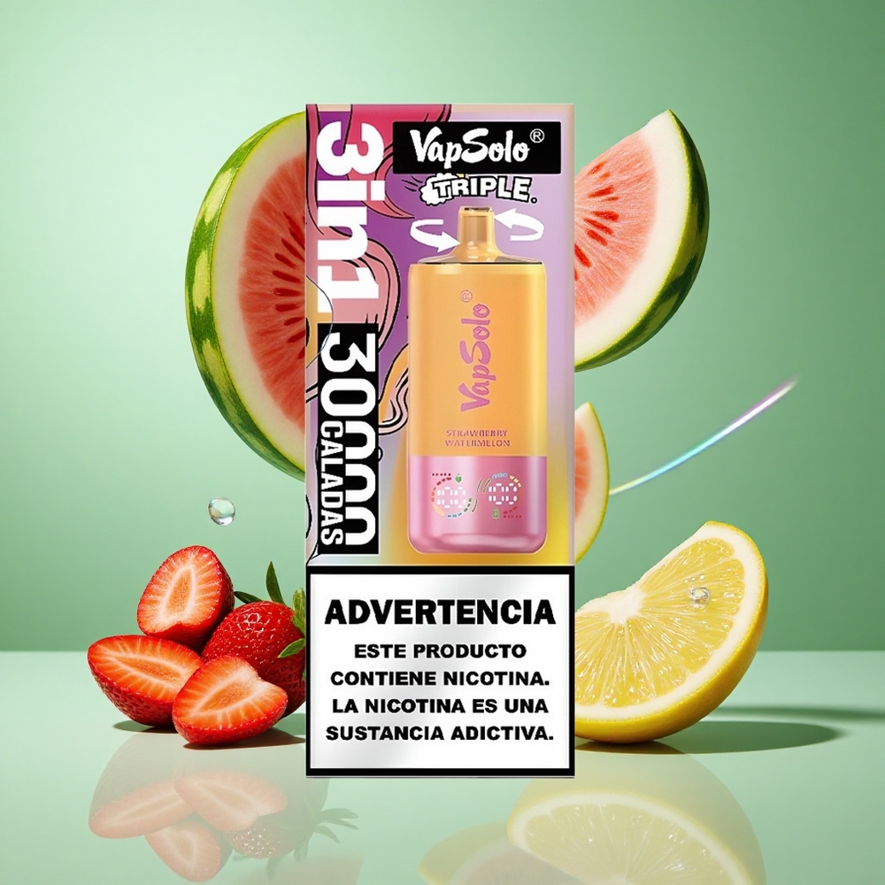 VapSolo Triple 30000 Puffs Strawberry Watermelon & Lemon Peach UK Wholesale Vapes Type-C Charging