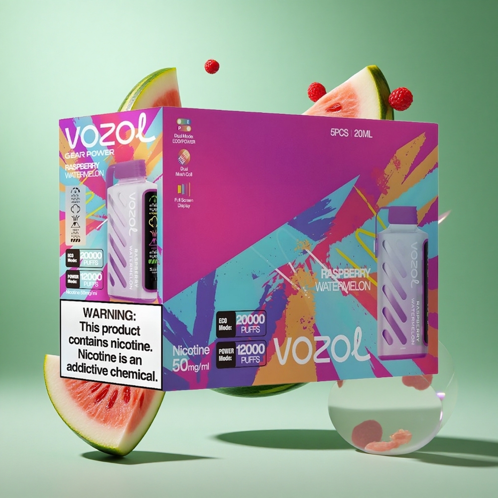VOZOL Gear Power 20000 Puffs Raspberry Watermelon UK wholesale vapes with 20mL Pre-Filled & Dual Mesh Coil