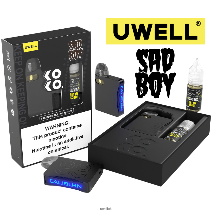 UWELL CALIBURN AK3 KIT + A3S 0.8OHM PODS (X2) + DADDY'S VAPOR 10ML SALTS 50MG CRL: Black/FLV: Custard Cookie 50mg 4P2XFT243 - UWELL Vape Price