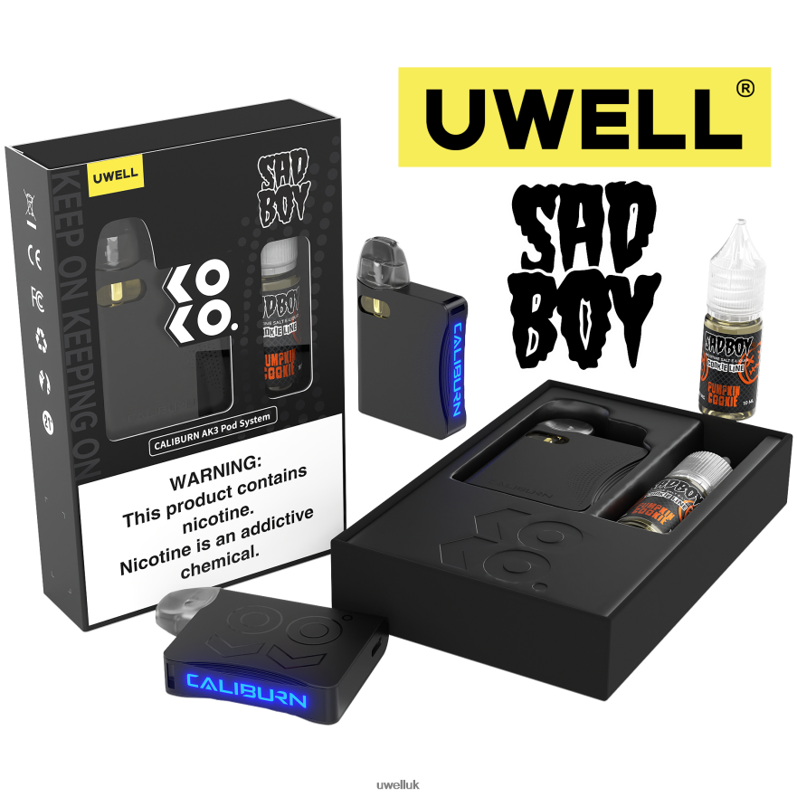 UWELL CALIBURN AK3 KIT + A3S 0.8OHM PODS (X2) + DADDY'S VAPOR 10ML SALTS 50MG CRL: Black/FLV: Pumpkin Cookie 50mg 4P2XFT239 - UWELL UK