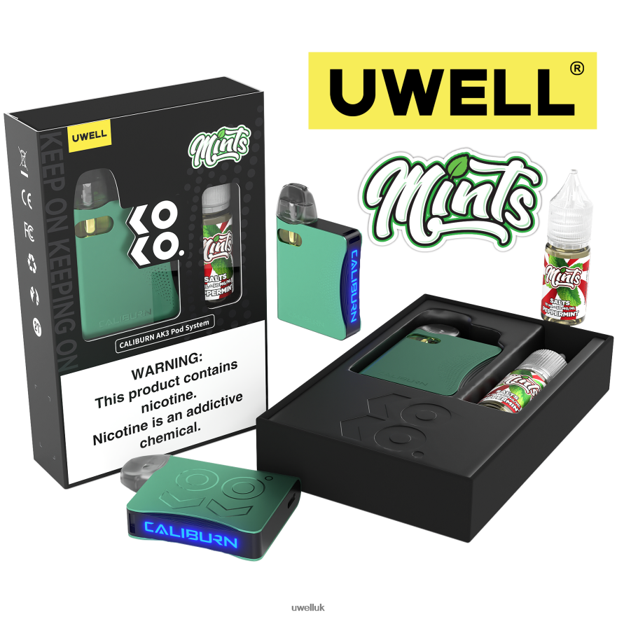 UWELL CALIBURN AK3 KIT + A3S 0.8OHM PODS (X2) + DADDY'S VAPOR 10ML SALTS 50MG CRL: Cyan/FLV: Peppermint 50mg 4P2XFT242 - UWELL Vape Kit