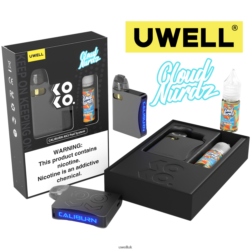 UWELL CALIBURN AK3 KIT + A3S 0.8OHM PODS (X2) + DADDY'S VAPOR 10ML SALTS 50MG CRL: Grey/FLV: Blue Raspberry Peach 4P2XFT247 - UWELL Vape For Sale