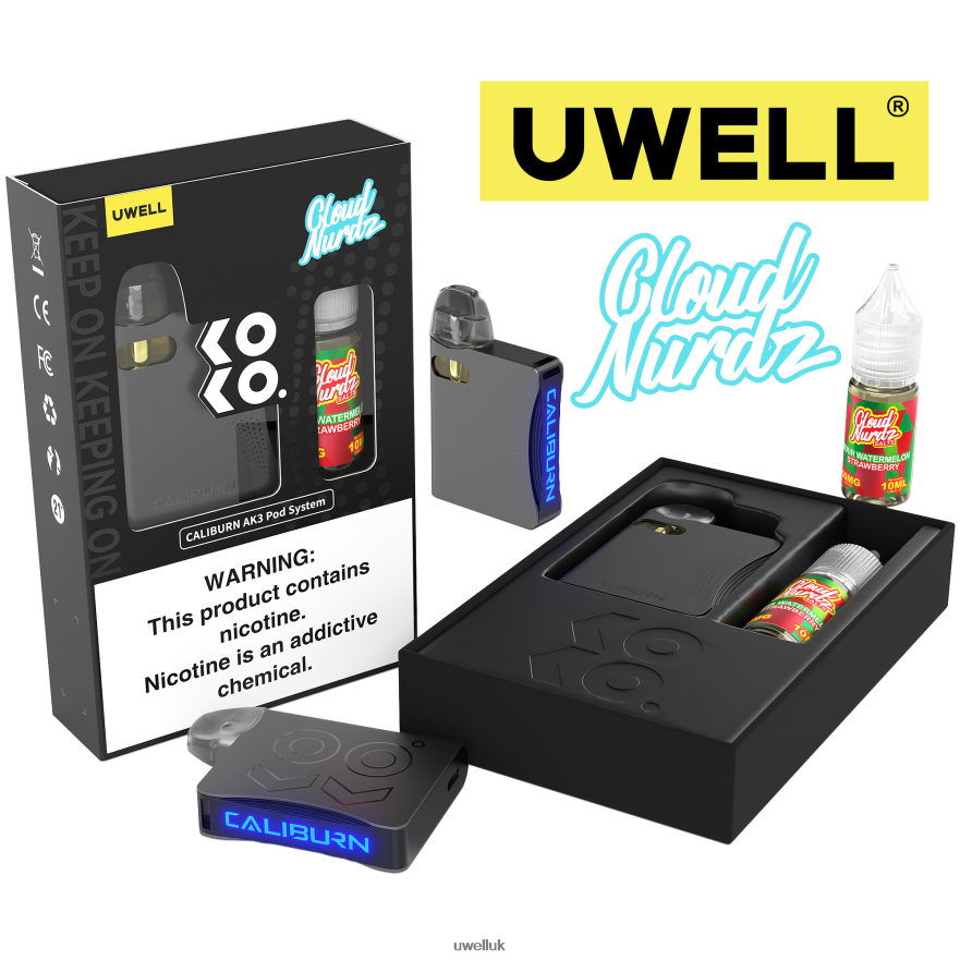 UWELL CALIBURN AK3 KIT + A3S 0.8OHM PODS (X2) + DADDY'S VAPOR 10ML SALTS 50MG CRL: Grey/FLV: Sour Watermelon Strawberry 50mg 4P2XFT240 - UWELL Vape UK