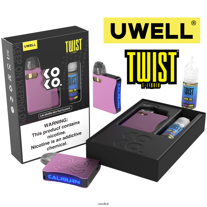 UWELL CALIBURN AK3 KIT + A3S 0.8OHM PODS (X2) + DADDY'S VAPOR 10ML SALTS 50MG CRL: Pink/FLV: Berry Medly Lemonade 4P2XFT246 - UWELL Vape Refill