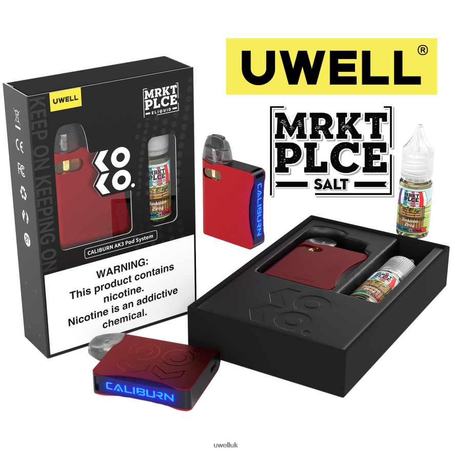 UWELL CALIBURN AK3 KIT + A3S 0.8OHM PODS (X2) + DADDY'S VAPOR 10ML SALTS 50MG CRL: Red/FLV: Forbidden Berry 50mg 4P2XFT244 - UWELL Vape Mod